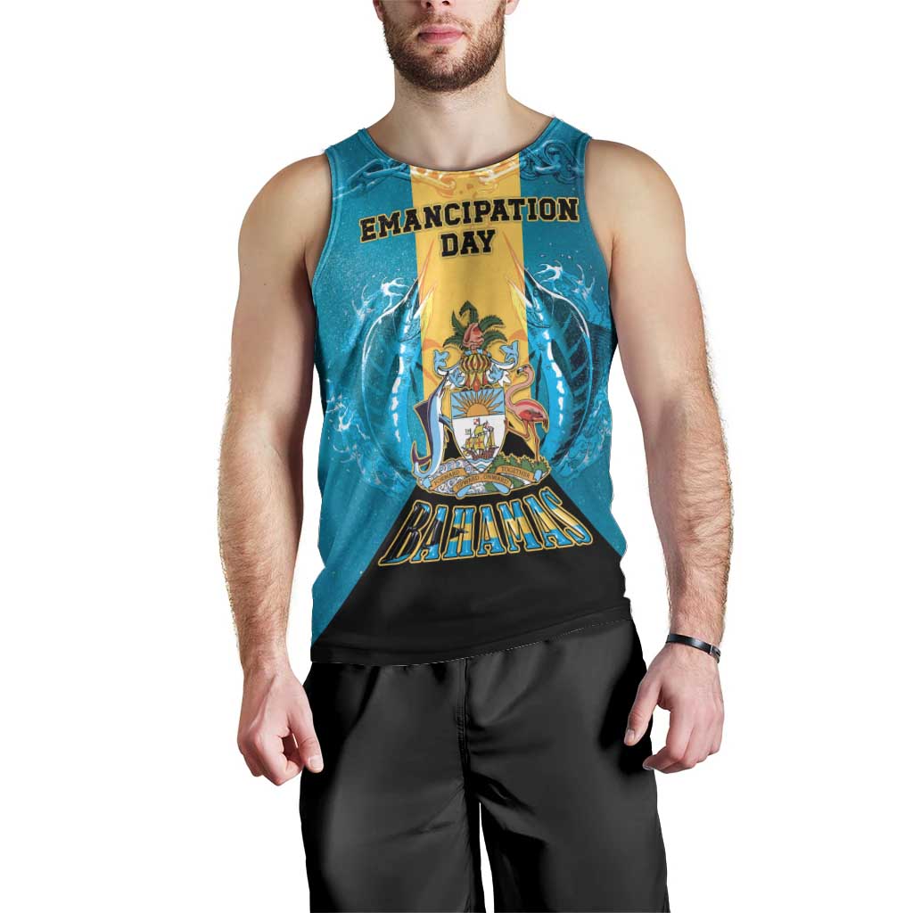 Personalized Bahamas Emancipation Day Men Tank Top Blue Marlin With Coat Of Arms - Wonder Print Shop
