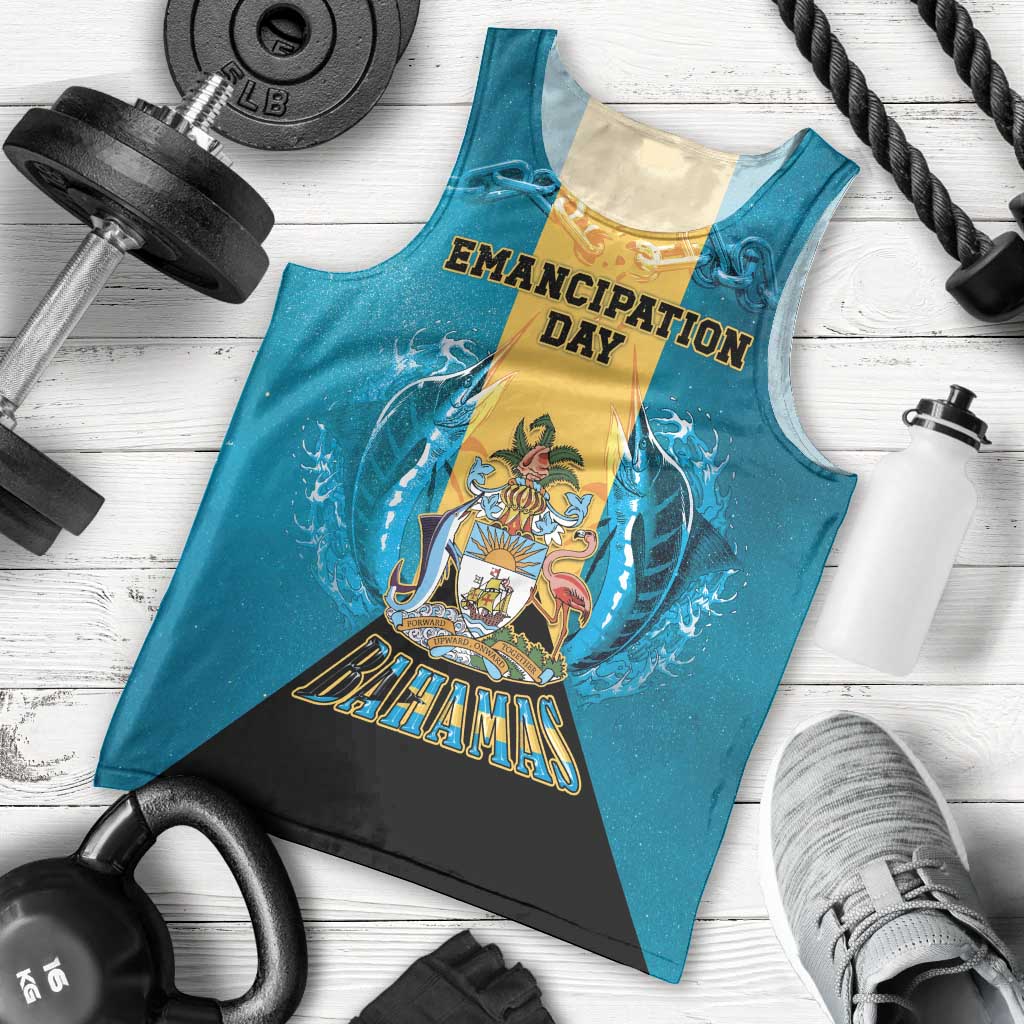 Personalized Bahamas Emancipation Day Men Tank Top Blue Marlin With Coat Of Arms - Wonder Print Shop