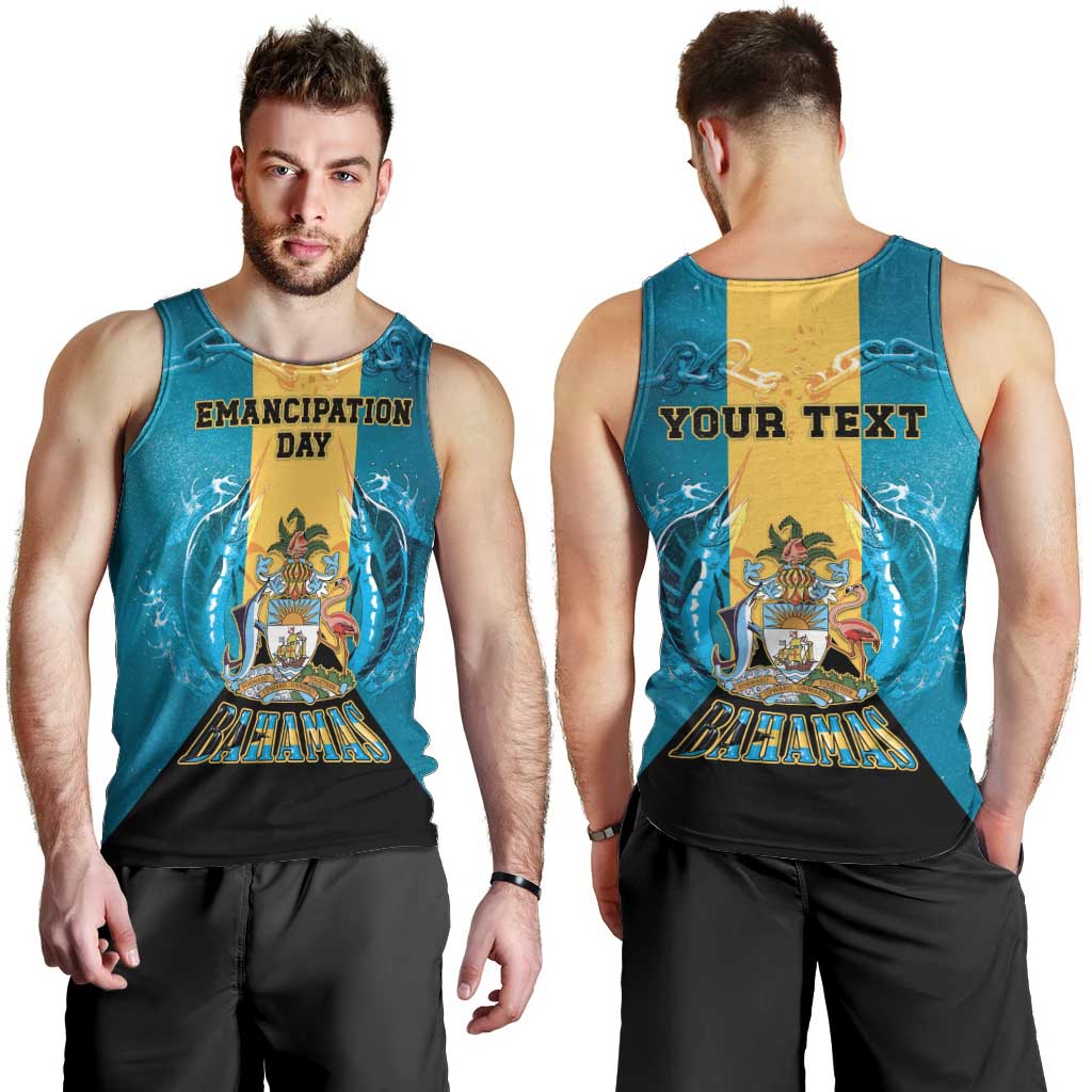 Personalized Bahamas Emancipation Day Men Tank Top Blue Marlin With Coat Of Arms - Wonder Print Shop
