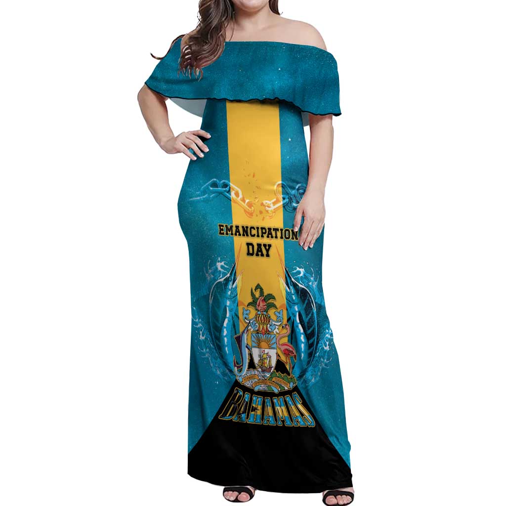 Personalized Bahamas Emancipation Day Off Shoulder Maxi Dress Blue Marlin With Coat Of Arms - Wonder Print Shop