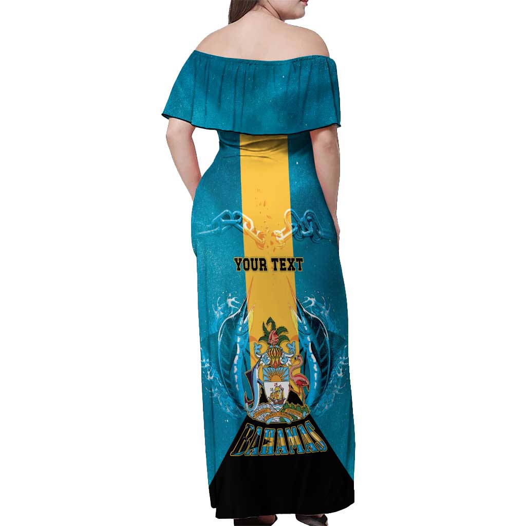 Personalized Bahamas Emancipation Day Off Shoulder Maxi Dress Blue Marlin With Coat Of Arms - Wonder Print Shop