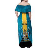 Personalized Bahamas Emancipation Day Off Shoulder Maxi Dress Blue Marlin With Coat Of Arms - Wonder Print Shop