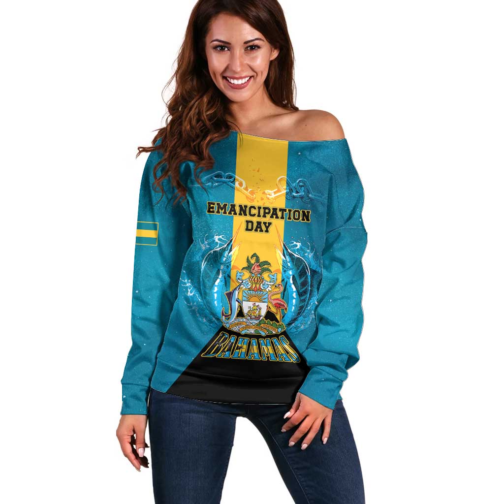 Personalized Bahamas Emancipation Day Off Shoulder Sweater Blue Marlin With Coat Of Arms - Wonder Print Shop