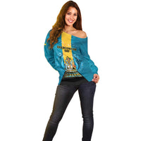 Personalized Bahamas Emancipation Day Off Shoulder Sweater Blue Marlin With Coat Of Arms - Wonder Print Shop