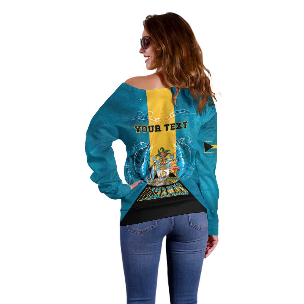 Personalized Bahamas Emancipation Day Off Shoulder Sweater Blue Marlin With Coat Of Arms - Wonder Print Shop