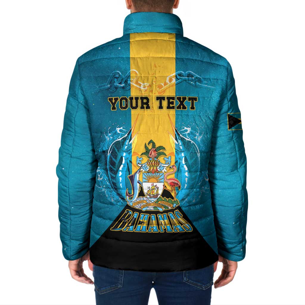Personalized Bahamas Emancipation Day Padded Jacket Blue Marlin With Coat Of Arms - Wonder Print Shop