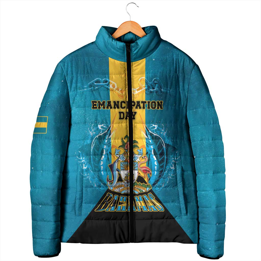Personalized Bahamas Emancipation Day Padded Jacket Blue Marlin With Coat Of Arms - Wonder Print Shop