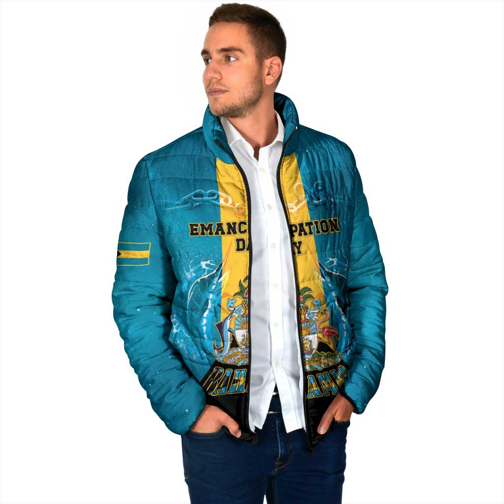 Personalized Bahamas Emancipation Day Padded Jacket Blue Marlin With Coat Of Arms - Wonder Print Shop