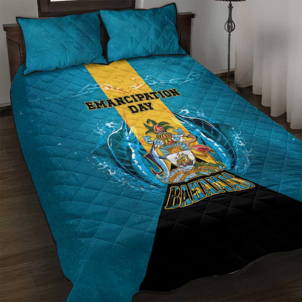 Bahamas Emancipation Day Quilt Bed Set Blue Marlin With Coat Of Arms - Wonder Print Shop