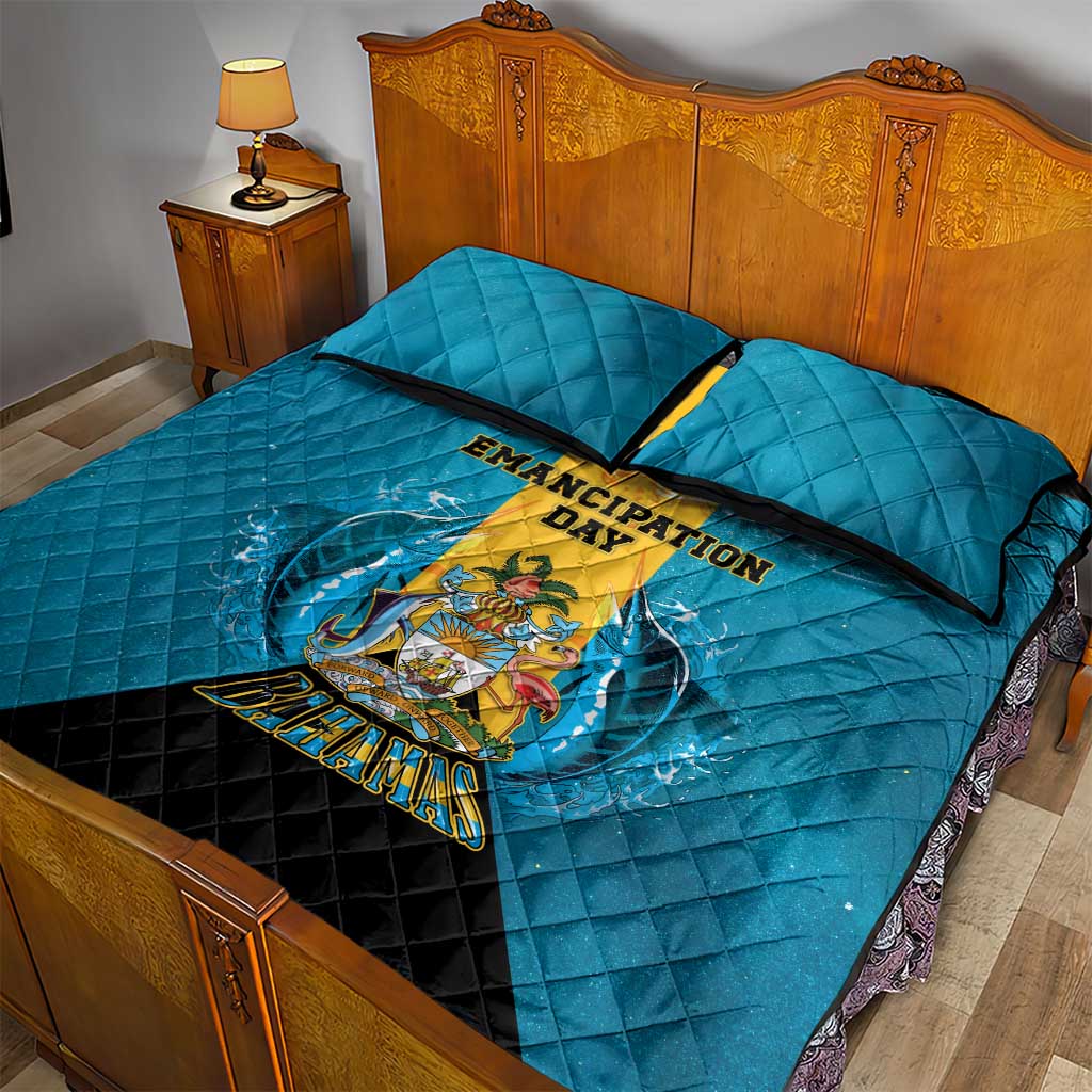 Bahamas Emancipation Day Quilt Bed Set Blue Marlin With Coat Of Arms - Wonder Print Shop