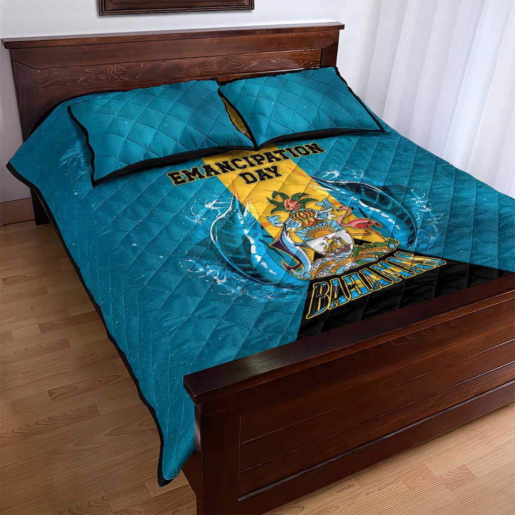 Bahamas Emancipation Day Quilt Bed Set Blue Marlin With Coat Of Arms - Wonder Print Shop
