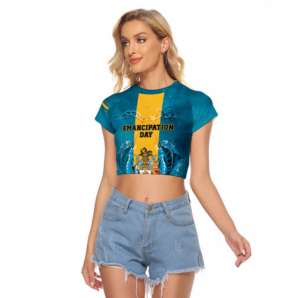 Personalized Bahamas Emancipation Day Raglan Cropped T Shirt Blue Marlin With Coat Of Arms - Wonder Print Shop