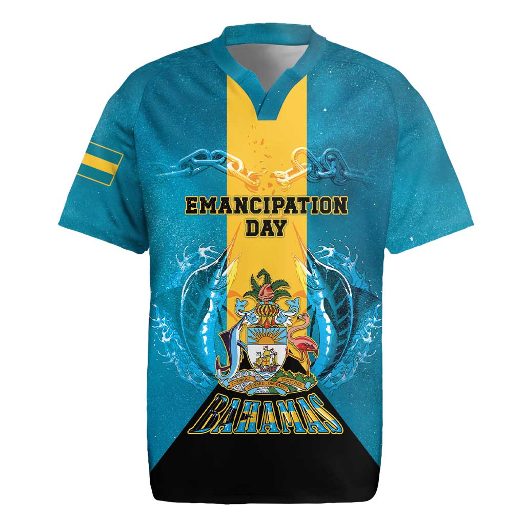 Personalized Bahamas Emancipation Day Rugby Jersey Blue Marlin With Coat Of Arms - Wonder Print Shop