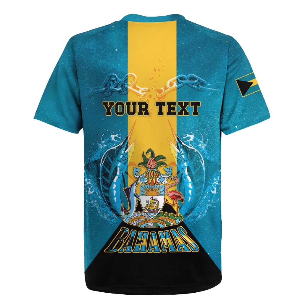 Personalized Bahamas Emancipation Day Rugby Jersey Blue Marlin With Coat Of Arms - Wonder Print Shop