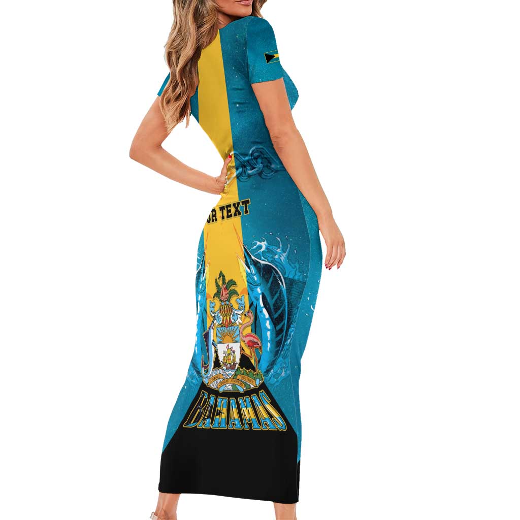 Personalized Bahamas Emancipation Day Short Sleeve Bodycon Dress Blue Marlin With Coat Of Arms - Wonder Print Shop