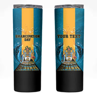 Personalized Bahamas Emancipation Day Skinny Tumbler Blue Marlin With Coat Of Arms - Wonder Print Shop