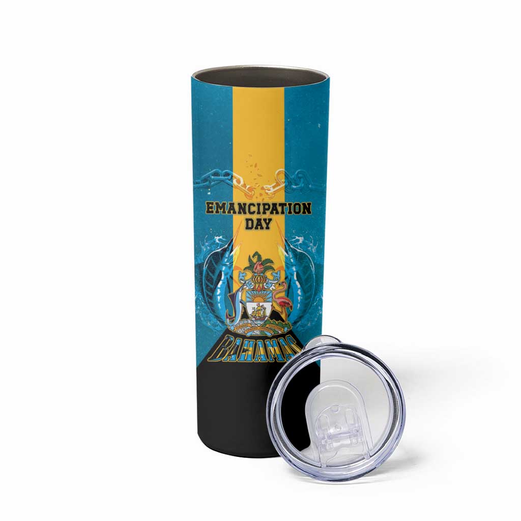 Personalized Bahamas Emancipation Day Skinny Tumbler Blue Marlin With Coat Of Arms - Wonder Print Shop