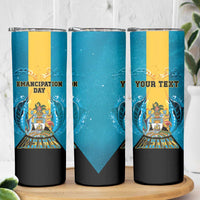 Personalized Bahamas Emancipation Day Skinny Tumbler Blue Marlin With Coat Of Arms - Wonder Print Shop
