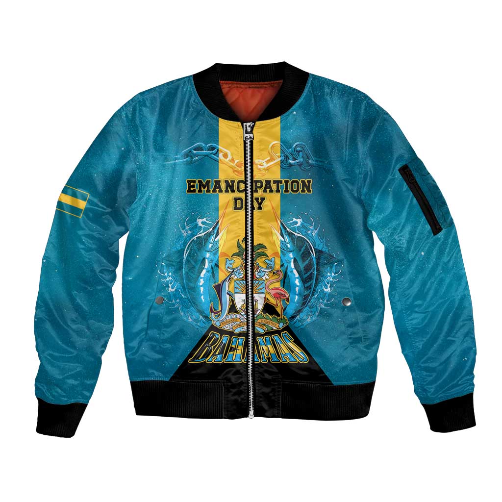 Personalized Bahamas Emancipation Day Sleeve Zip Bomber Jacket Blue Marlin With Coat Of Arms - Wonder Print Shop