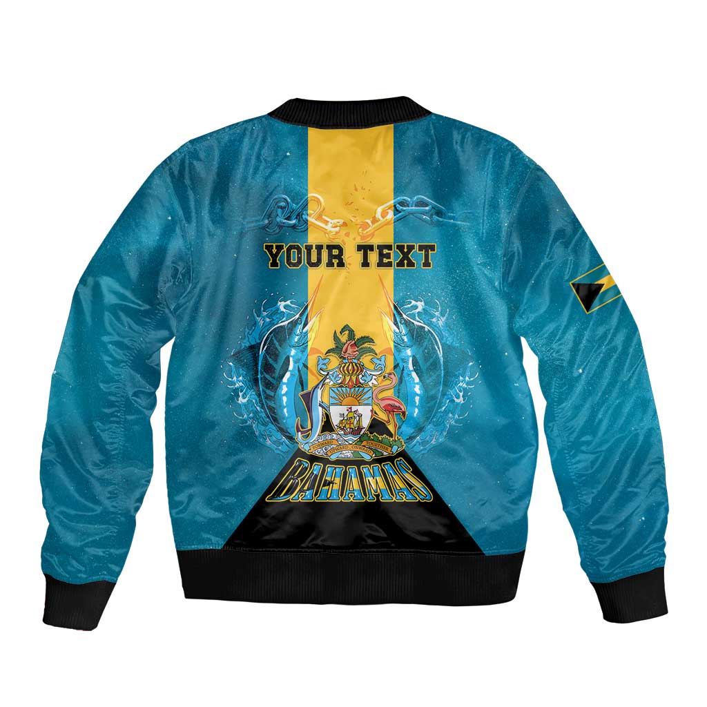 Personalized Bahamas Emancipation Day Sleeve Zip Bomber Jacket Blue Marlin With Coat Of Arms - Wonder Print Shop