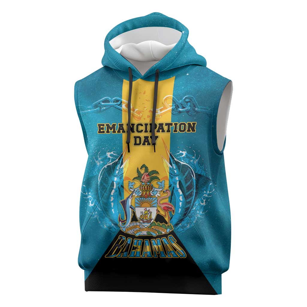 Personalized Bahamas Emancipation Day Sleeveless Hoodie Blue Marlin With Coat Of Arms - Wonder Print Shop