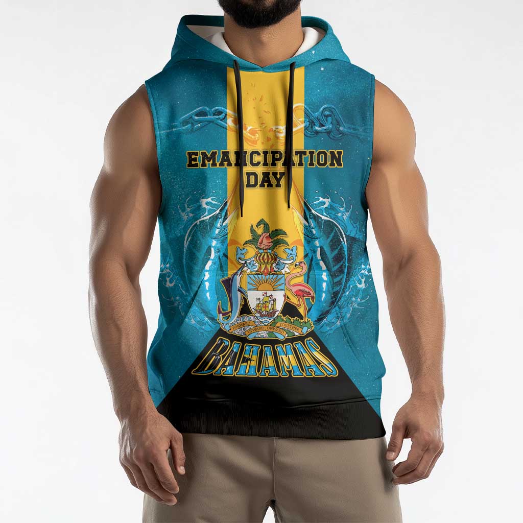Personalized Bahamas Emancipation Day Sleeveless Hoodie Blue Marlin With Coat Of Arms - Wonder Print Shop