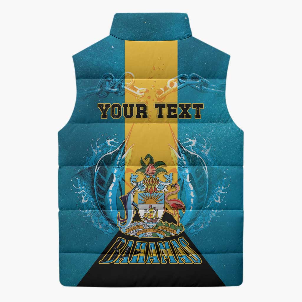 Personalized Bahamas Emancipation Day Sleeveless Puffer Jacket Blue Marlin With Coat Of Arms - Wonder Print Shop