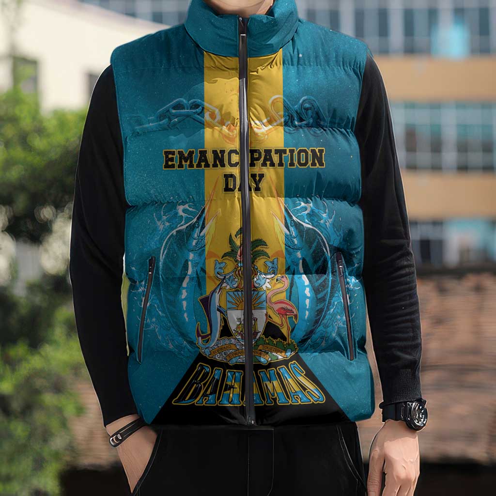 Personalized Bahamas Emancipation Day Sleeveless Puffer Jacket Blue Marlin With Coat Of Arms - Wonder Print Shop