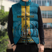 Personalized Bahamas Emancipation Day Sleeveless Puffer Jacket Blue Marlin With Coat Of Arms - Wonder Print Shop