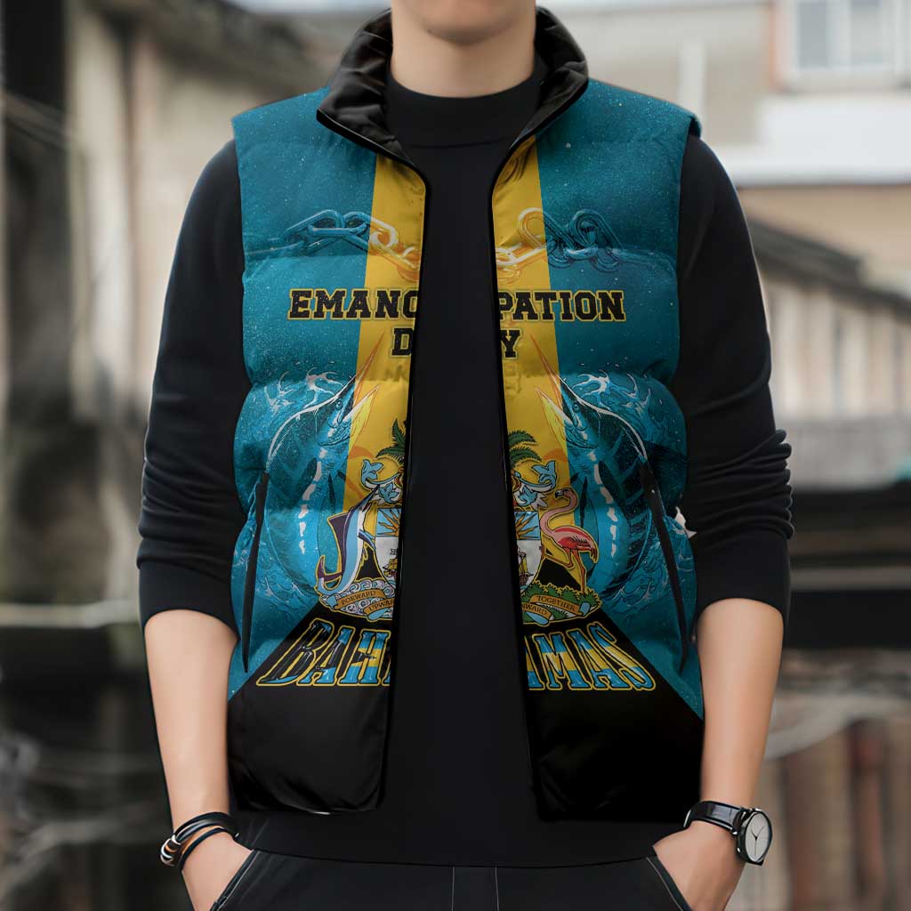 Personalized Bahamas Emancipation Day Sleeveless Puffer Jacket Blue Marlin With Coat Of Arms - Wonder Print Shop