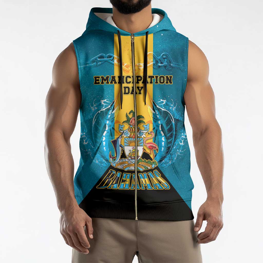 Personalized Bahamas Emancipation Day Sleeveless Zip Hoodie Blue Marlin With Coat Of Arms - Wonder Print Shop