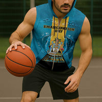 Personalized Bahamas Emancipation Day Sleeveless Zip Hoodie Blue Marlin With Coat Of Arms - Wonder Print Shop