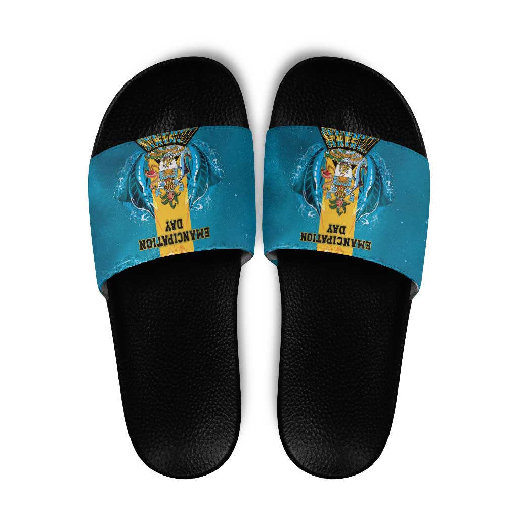 Bahamas Emancipation Day Slide Sandals Blue Marlin With Coat Of Arms - Wonder Print Shop