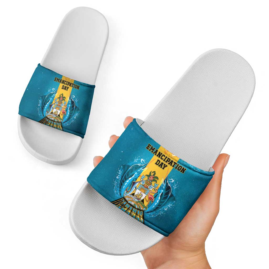 Bahamas Emancipation Day Slide Sandals Blue Marlin With Coat Of Arms - Wonder Print Shop