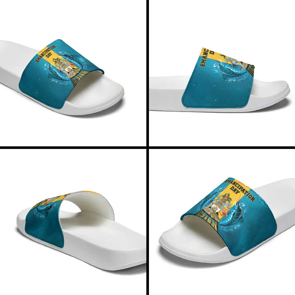 Bahamas Emancipation Day Slide Sandals Blue Marlin With Coat Of Arms - Wonder Print Shop