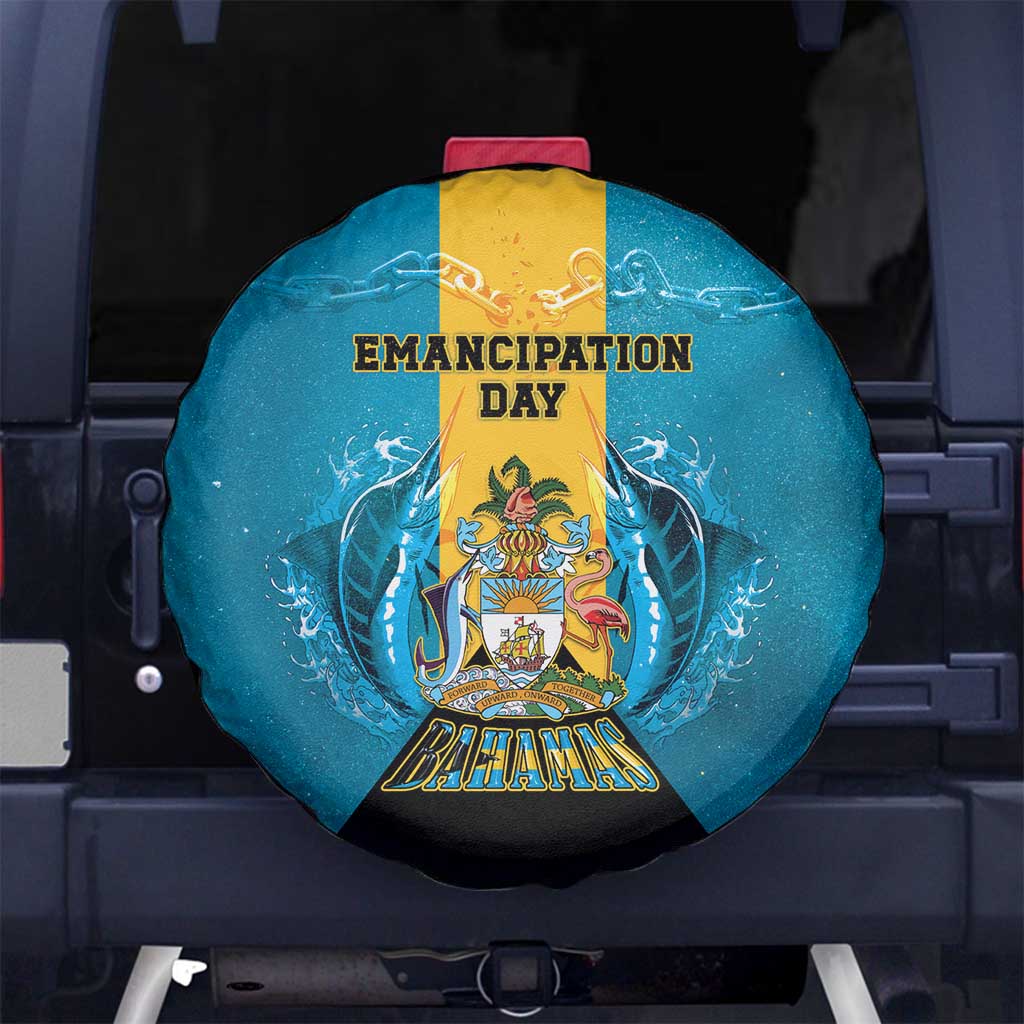 Bahamas Emancipation Day Spare Tire Cover Blue Marlin With Coat Of Arms - Wonder Print Shop