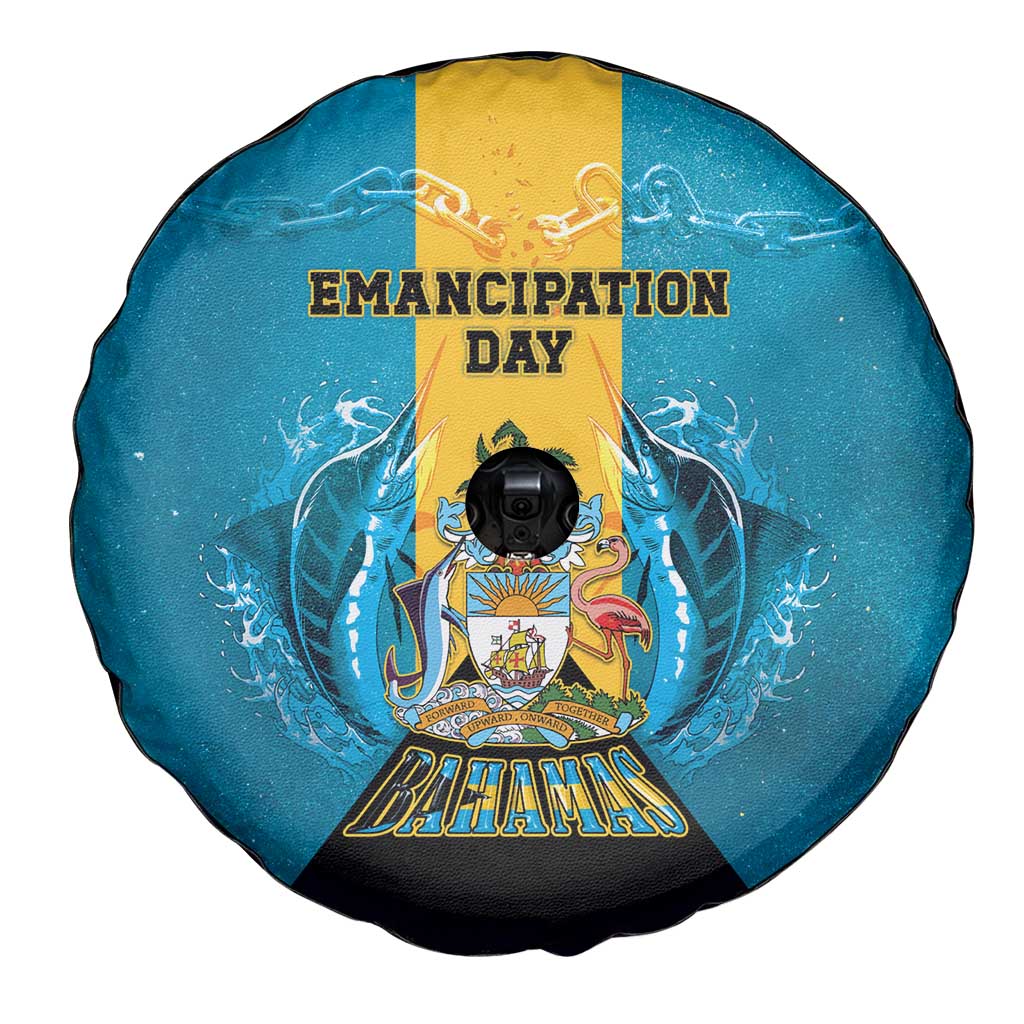 Bahamas Emancipation Day Spare Tire Cover Blue Marlin With Coat Of Arms - Wonder Print Shop