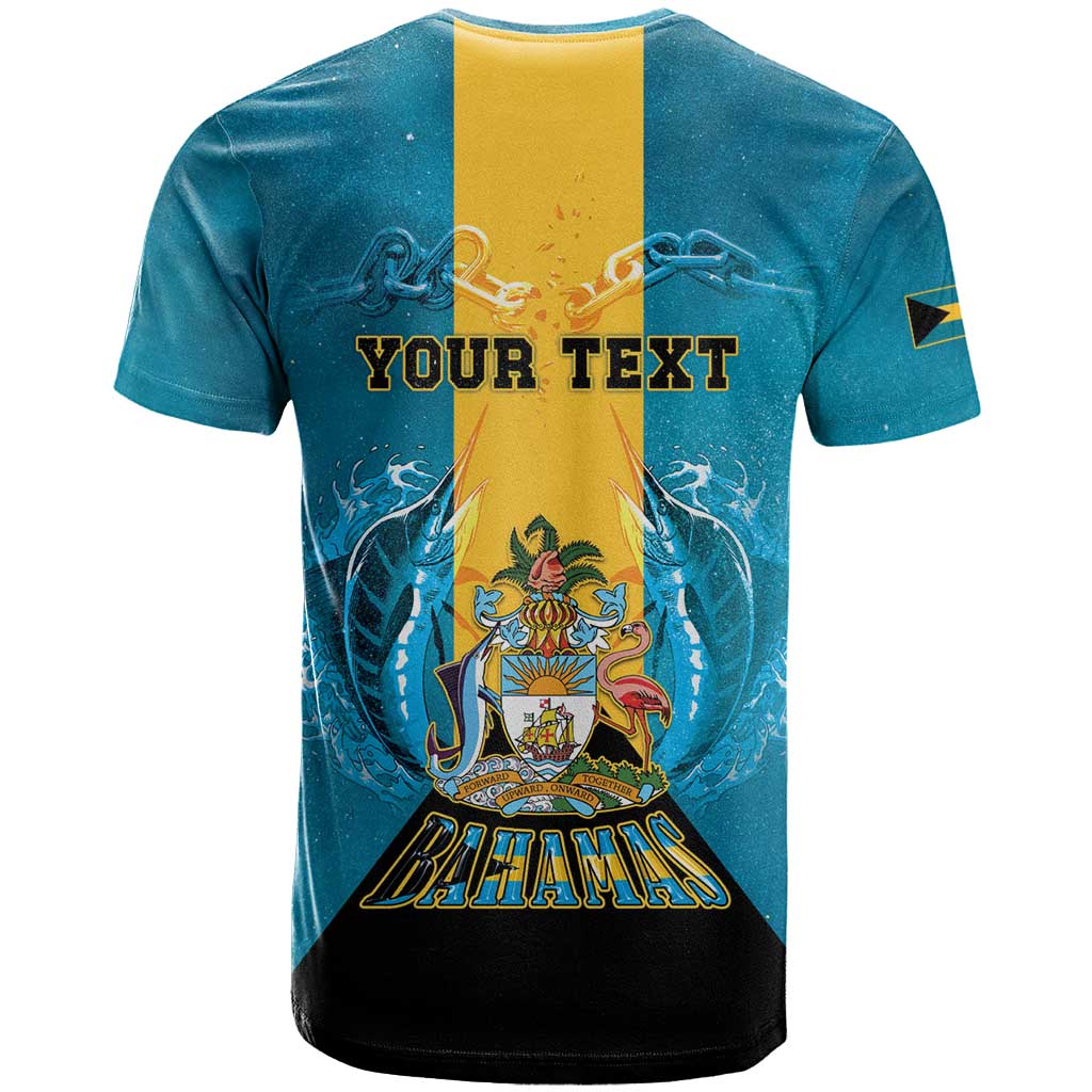Personalized Bahamas Emancipation Day T Shirt Blue Marlin With Coat Of Arms - Wonder Print Shop