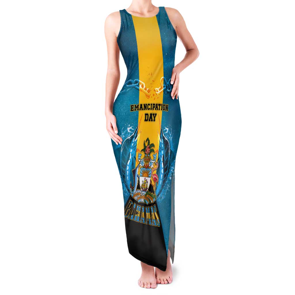 Personalized Bahamas Emancipation Day Tank Maxi Dress Blue Marlin With Coat Of Arms - Wonder Print Shop