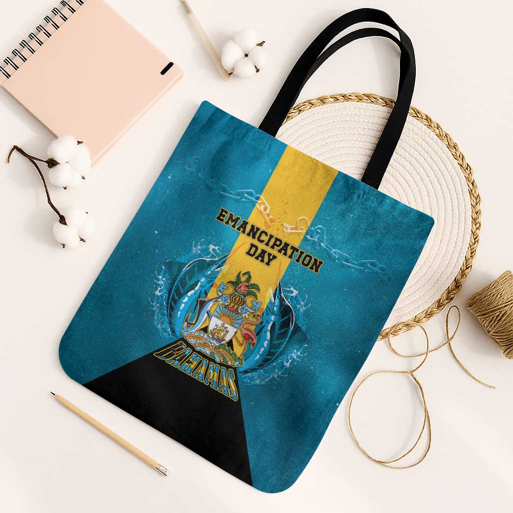 Bahamas Emancipation Day Tote Bag Blue Marlin With Coat Of Arms - Wonder Print Shop