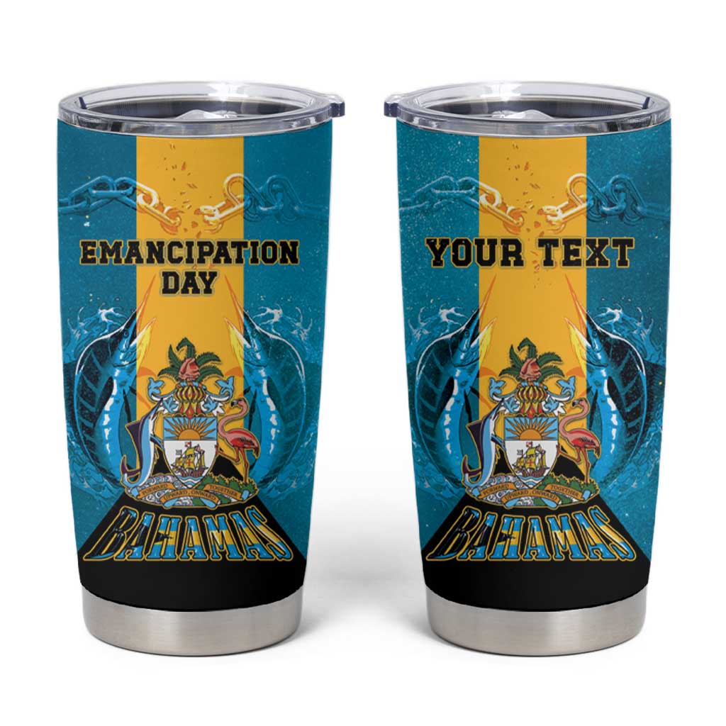 Personalized Bahamas Emancipation Day Tumbler Cup Blue Marlin With Coat Of Arms - Wonder Print Shop