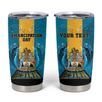 Personalized Bahamas Emancipation Day Tumbler Cup Blue Marlin With Coat Of Arms - Wonder Print Shop