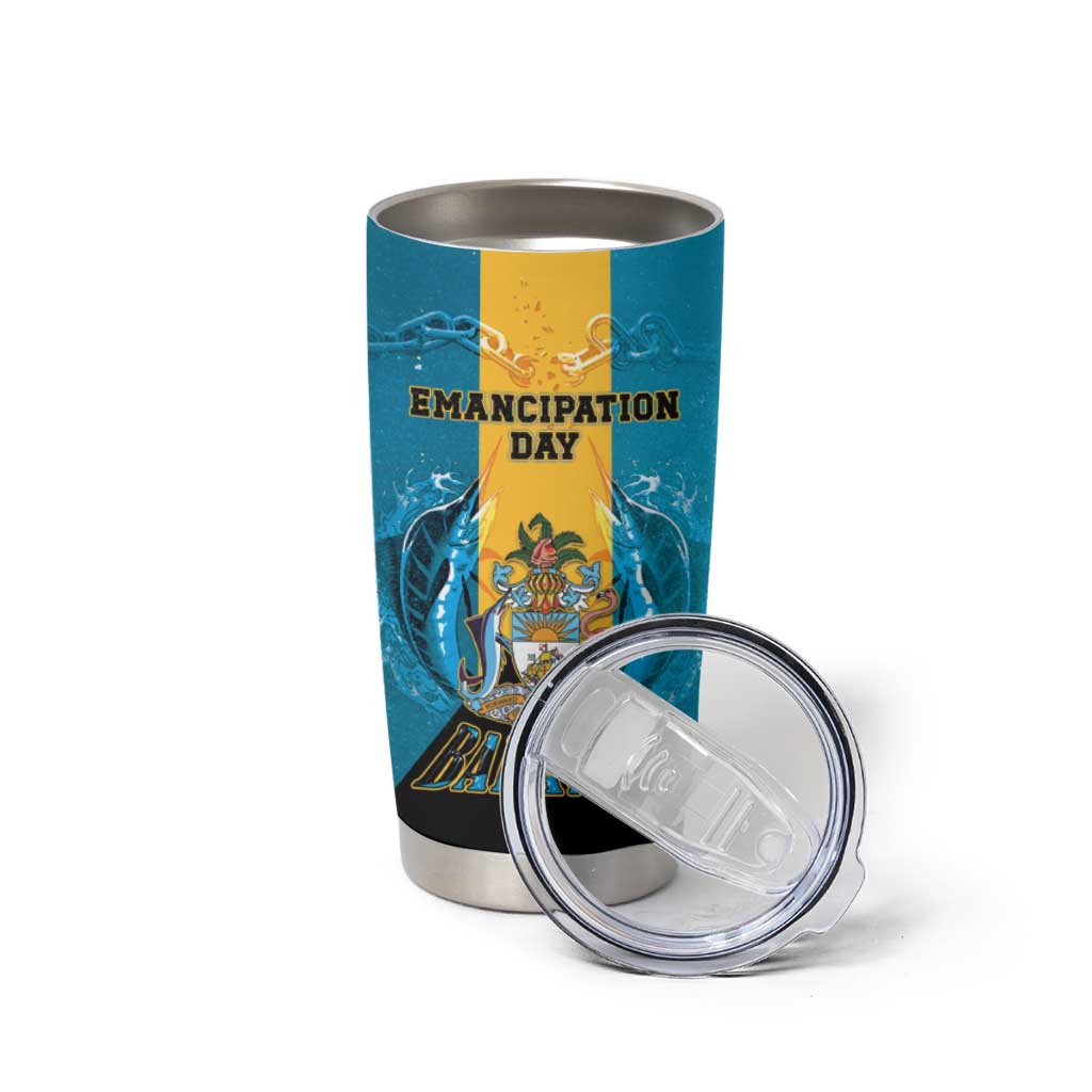 Personalized Bahamas Emancipation Day Tumbler Cup Blue Marlin With Coat Of Arms - Wonder Print Shop