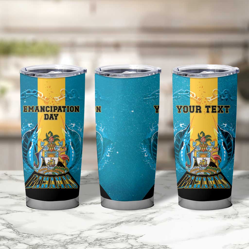 Personalized Bahamas Emancipation Day Tumbler Cup Blue Marlin With Coat Of Arms - Wonder Print Shop