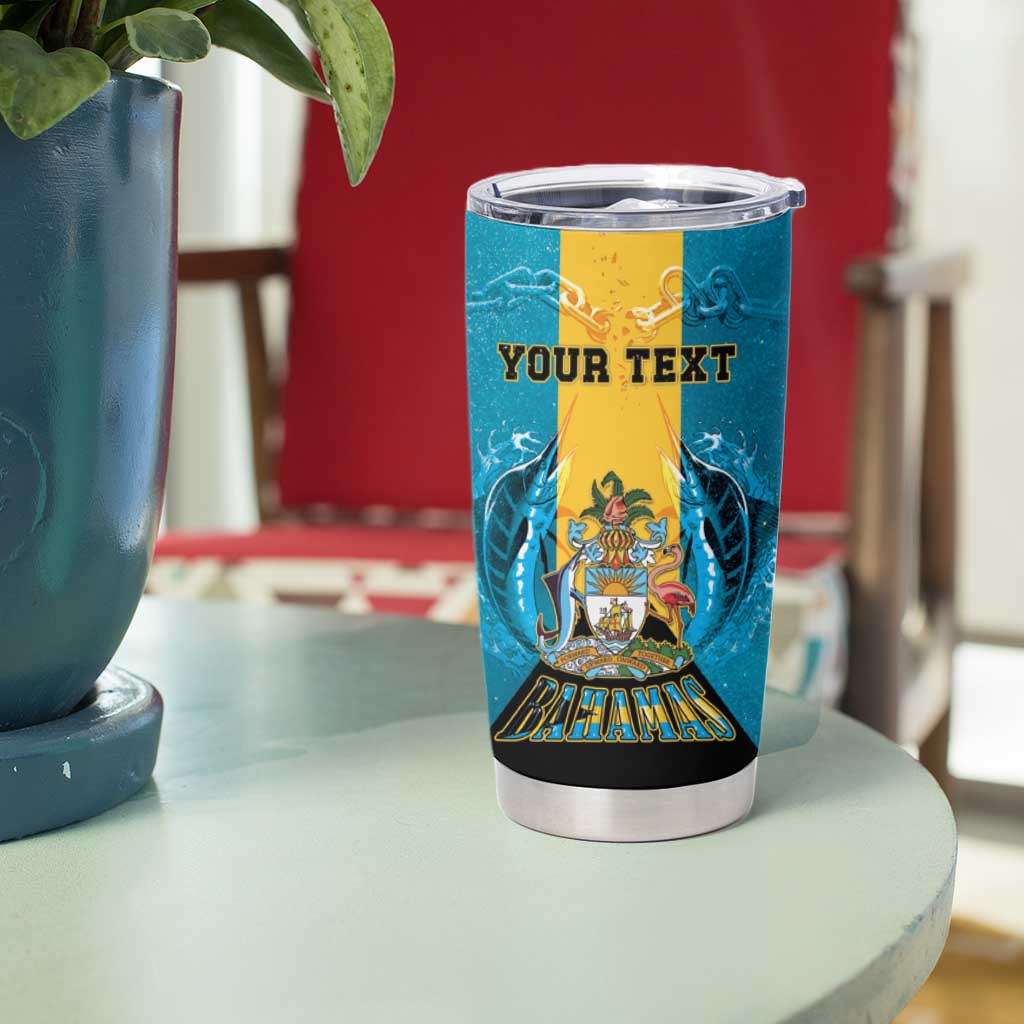 Personalized Bahamas Emancipation Day Tumbler Cup Blue Marlin With Coat Of Arms - Wonder Print Shop