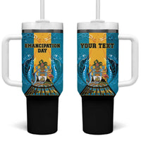 Personalized Bahamas Emancipation Day Tumbler With Handle Blue Marlin With Coat Of Arms - Wonder Print Shop