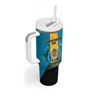 Personalized Bahamas Emancipation Day Tumbler With Handle Blue Marlin With Coat Of Arms - Wonder Print Shop