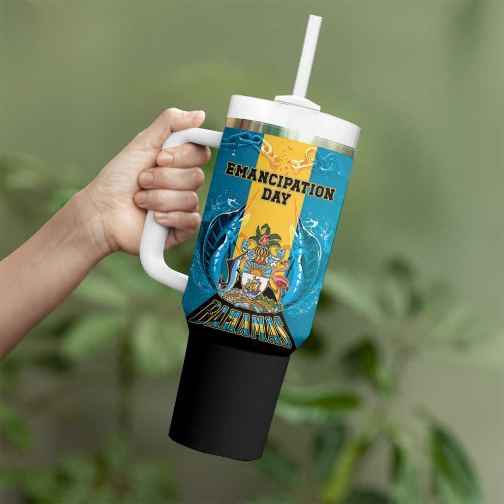Personalized Bahamas Emancipation Day Tumbler With Handle Blue Marlin With Coat Of Arms - Wonder Print Shop