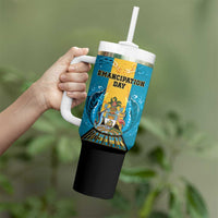 Personalized Bahamas Emancipation Day Tumbler With Handle Blue Marlin With Coat Of Arms - Wonder Print Shop