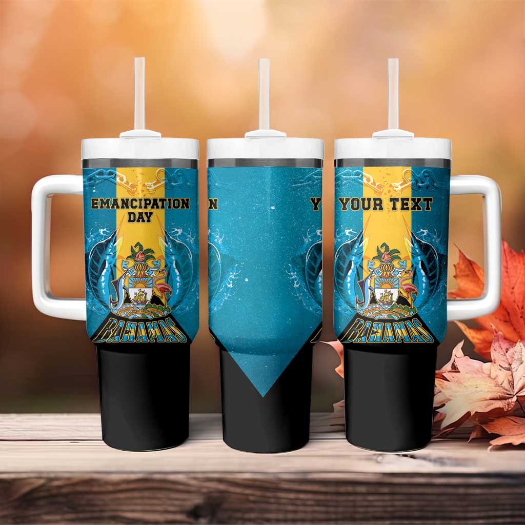 Personalized Bahamas Emancipation Day Tumbler With Handle Blue Marlin With Coat Of Arms - Wonder Print Shop